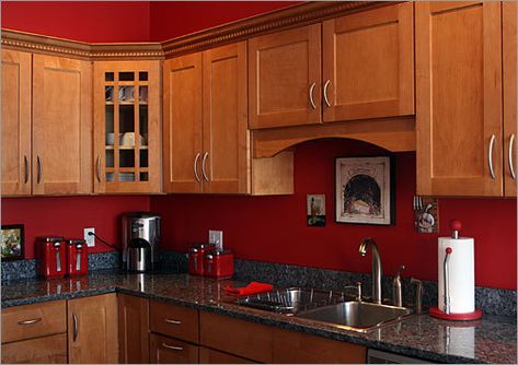 red Red Kitchen Walls, Kitchen Color Red, Brown Cabinets, Oak Kitchen Cabinets, Kitchen Walls, Kitchen Wall Colors, Brown Kitchens, Kitchen Paint Colors, Oak Kitchen