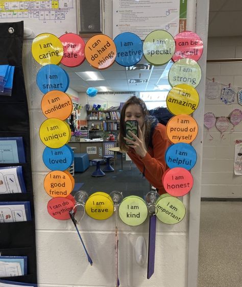 School Mirror Decorating Ideas, Classroom Mirror Decorations, Mirrors In Classroom Ideas, Words Of Affirmation Classroom, Psychology Exhibition Ideas, Mirror Classroom Ideas, You Are Mirror Classroom, Mindfulness Classroom Decor, I Am Special Mirror Craft