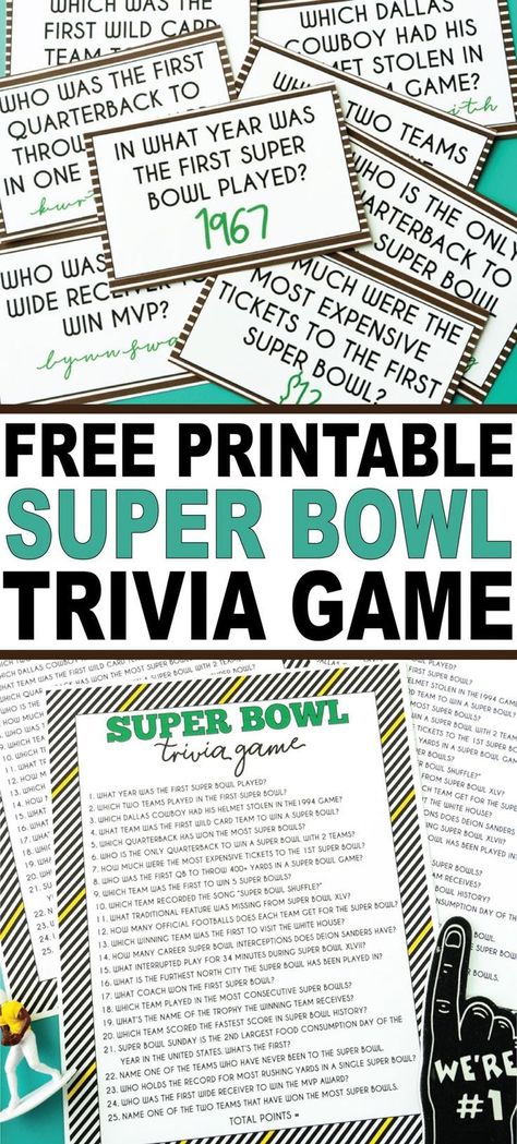 A fun Super Bowl trivia game with both a printable game version and printable cards to ask before and after the game! One of the best Super Bowl party games ever! Super Bowl Party Games, Super Bowl Trivia, Name That Tune Game, Super Bowl Bingo, Superbowl Humor, Trophy Diy, Superbowl Party Games, Super Bowl Trophy, Superbowl Sunday