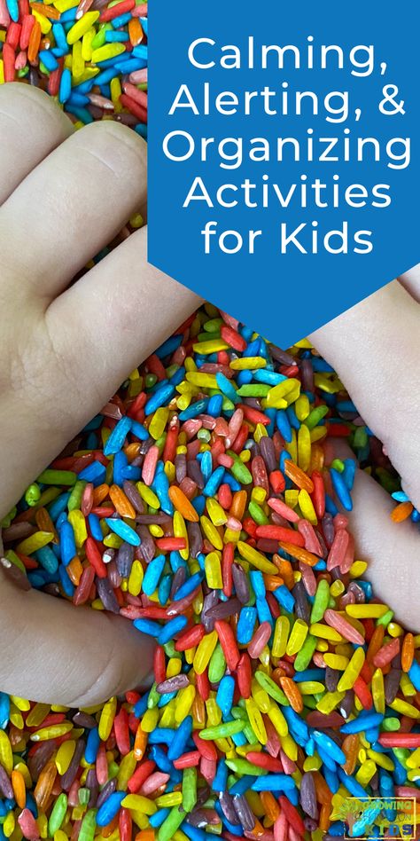 Rainbow colored rice and child's hands playing in the rice. Blue text overlay with white text that says "Calming, Alerting, and organizing activities for kids." Sensory Output Activities, Gross Motor Area In Classroom, Sensory Activities Classroom, Low Registration Sensory Activities, Sensory Circuit Ideas, Sensory Circuit Activities, Sensory Circuits, Proprioception Activities, Tactile Sensory Activities