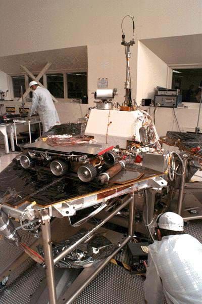 A photo of  NASA engineers assembling the Mars Pathfinder lander and the Sojourner rover in a lab at NASA's Jet Propulsion Lab (JPL). Nasa Engineer, Mars Rover, Nasa Jpl, Being Prepared, Drafting Desk, School Ideas, The Journey, Nasa, Mars