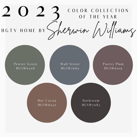 How beautiful is the 2023 color collection by HGTV Home by Sherwin Williams. The darker tones are perfect if you want to create a moody… | Instagram Hgtv Home By Sherwin Williams Paint, Moody Taupe Bathroom, Moody Color Palette Sherwin Williams, Sherwin Williams Dark Cabinet Colors, Moody Wall Colors Sherwin Williams, Moody Cozy Color Palette, Sherwin Williams Dark Moody Colors, Deep Moody Color Palette, Plum Bathroom Walls