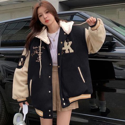 The dress is great I like it Outfits With Baseball Jacket, Baseball Jacket Outfit Aesthetic, Baseball Jacket Outfit Street Style, Baseball Jacket Outfit Women, Big Jacket Outfits, Jacket Design Ideas, Korean Fashion Jacket, Aesthetic Jackets, Aesthetic Jacket