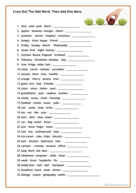 Odd word out - English ESL Worksheets for distance learning and physical classrooms Odd Words, Taal Posters, Basic Vocabulary, Writing Essays, Senior Games, English Exercises, Esl Resources, English Worksheets For Kids, English Language Teaching