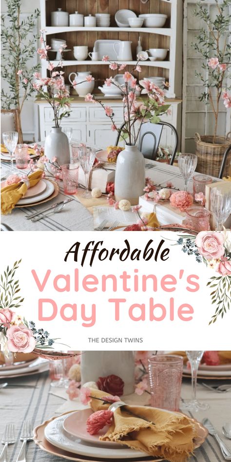 Want to decorate your dining room table for Valentine's day on a budget? We've got you covered! Learn how to create a stunning Valentine's Day tablescape with help from The Design Twins. Whether you are looking for Valentine’s Day tablescape inspiration or springtime tablescapes, this post is going to offer you plenty of budget friendly ideas. We will share budget-friendly decorating tips, versatile ways to create seasonal decor, and plenty of Valentine’s-inspired beauty. Decor Tips And Tricks, Vintage Burlap, Tablescape Inspiration, Home Budget, Kitchen Table Decor, Budget Friendly Decor, Spring Table, Decor Tips, Decorating On A Budget