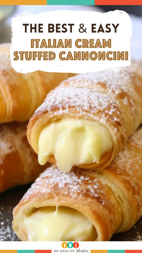 Discover the art of Italian desserts with our Italian Cream Stuffed Cannoncini recipe. Perfectly flaky pastry meets creamy custard in this delightful treat. Easy to make and sure to impress! Pin this for a simple yet elegant dessert. Try it today and share your creation! Italian Cream Stuffed Cannoncini, Cream Stuffed Cannoncini, Italian Cream Puffs, Cannoli Recipe, Cream Puff Recipe, Custard Cream, Italian Cream, Italian Pastries, Puff Pastry Recipes