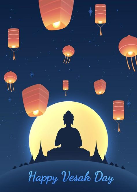 Vesak Day Creative Concept for Card or Banner. Happy Buddha Day with Siddhartha Gautama Statue Vesak Card Design, Wesak Day Poster Design, Wesak Day Poster, Waisak Day Design, Vesak Day Design, Vesak Day Poster, Waisak Day, Vesak Wishes, Happy Wesak Day