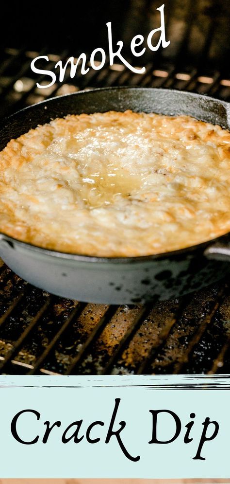 A cast iron pan of smoked warm cream cheese dip cooking on a pellet smoker. Smoker Cheese Dip Recipes, Smoked Dip Ideas, Smoked Party Dips, Pellet Grill Dips, Smoked Chip Dip, Snacks On The Smoker, Smoked Bread Recipes, Traeger Dip Recipes, Dips In The Smoker