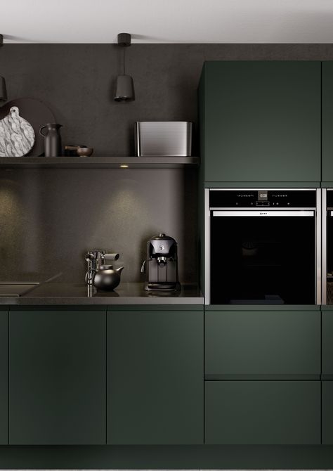 Statement Kitchen, Green Kitchen Designs, Dark Green Kitchen, Handleless Kitchen, Green Kitchen Cabinets, Dark Kitchen, Design Your Kitchen, Kitchen Room Design, Kitchen Inspiration Design