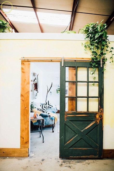 Home and Garden DIY Ideas, Photos and Answers Barn Door Baby Gate, Salvaged Door, Salvaged Doors, White Barn Door, Diy Sliding Barn Door, Interior Sliding Barn Doors, Room Divider Doors, Modern Barn Door, Rustic Hardware