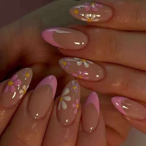 Simple Gel Nails, Summery Nails, Girly Acrylic Nails, Almond Acrylic Nails, Short Acrylic Nails Designs, Beach Nails, Funky Nails, Pretty Acrylic Nails, Floral Nails