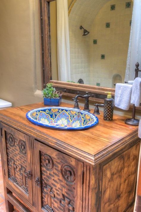 In honor of Cinco de Mayo quickly approaching, I've rounded up my favorite Mexican Interiors and Furniture Pieces that make me want to get my sombrero out! Mexican Style Bathroom, Talavera Bathroom, Mexican Tile Bathroom, Mexican Sink, Spanish Bathroom, Mexican Bathroom, Mexican Interiors, Mexican House, Spanish Decor