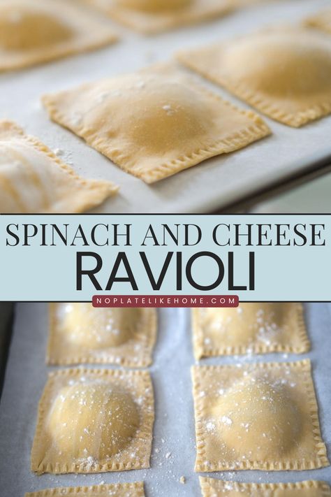 This homemade spinach and ricotta ravioli recipe is made with handmade fresh egg pasta, ricotta, mozzarella and parmesan cheeses and spinach leaves (which can be replaced with parsley for plain cheese ravioli.) It's an easy ravioli recipe with this step-by-step guide. They're perfect for holiday meals like Easter or Christmas, Italian Sunday dinner, special occasions or anytime. It's vegetarian. Click on the link to get this easy recipe. Easy Ravioli Recipe, Ricotta Ravioli Recipe, Ravioli Dinner Ideas, Cheese Ravioli Recipe, Ravioli Recipe Homemade, Spinach And Cheese Ravioli, Easy Ravioli, Spinach And Ricotta Ravioli, Spinach Ravioli