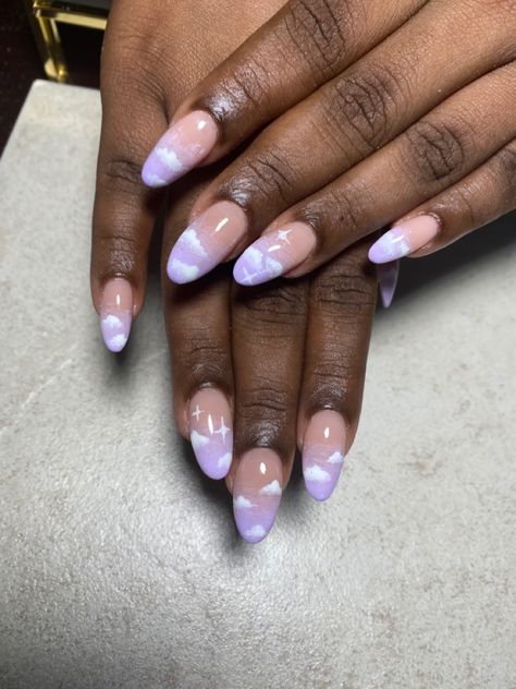 Pretty Nails Design Inspiration Purple, Pastel Purple Butterfly Nails, Purple French Tips Almond, Nail Art Purple Designs, Pastel Purple French Tip Nails, Purple Cloud Nails, Pastel Purple Nails, Cloud Nails, Grad Nails