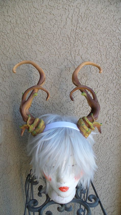 "They are large and majestic, statement cosplay fantacy forest dragon horns 3D printed lightweight. May be selected unpainted for your own project. The length is about 10\". The set is attached to a headband. Painted in natural browns with a touch of green leaf buds Also awailable in plane colors white or Black for your own paint ideas. This set is a more masculine version of the fawn fairy horns as seen on the last picture you can check them out here https://www.etsy.com/listing/621384879/new-a Sagittarius Halloween, Fairy Horns, Dnd Fairy, Diy Horns, Whimsical Dragon, Horns Costume, Forest Dragon, Cosplay Horns, Dragon Horns