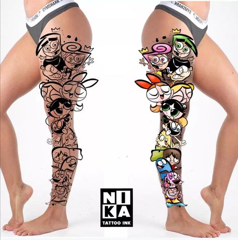 Cartoon Network Tattoo Ideas, Leg Sleeve Tattoos, Tattoo Pierna, Leg Tattoo Ideas, 90s Tattoos, Pop Art Tattoos, Nostalgic 90s, Sigil Tattoo, Mommy Tattoos