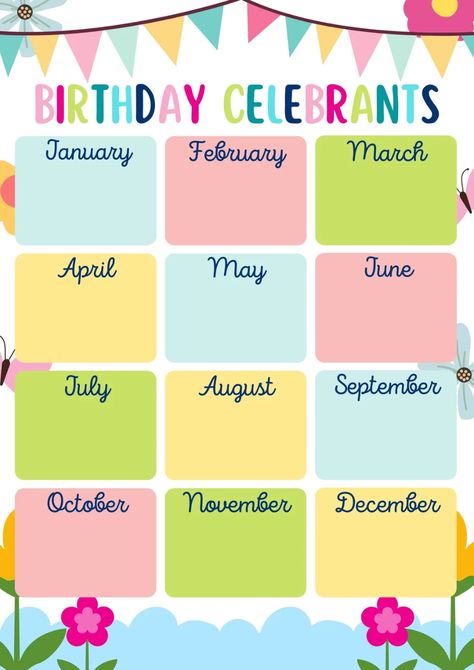 Predlošci Birthday Calendar Classroom, Birthday Calendar Template, Birthday Chart Classroom, English Classroom Decor, Colorful Template, Bulletin Boards Classroom Decor, Class Birthdays, School Kids Crafts, Birthday Posters