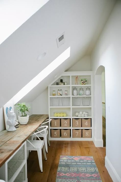 Craft Room with Sloped Ceiling and Skylights, Cottage, Den/library/office A Thoughtful Place, Attic Office, Attic Playroom, Slanted Ceiling, Loft Office, Farmhouse Office, Attic Ideas, Attic Design, Attic Space