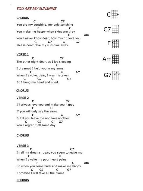 Tune: You Are My Sunshine Ukulele You Are My Sunshine, Sailor Song Ukulele Chords, You Are My Sunshine Chords, You Are My Sunshine Ukulele Chords, You Are My Sunshine Guitar Chords, Basic Guitar Chords Chart, Sunshine Songs, Ukulele Songs Beginner, Ukulele Chords Songs