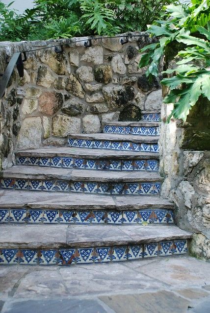 Tile Stairs | Abbygail Louise Photography | Flickr Rock Staircase, Mosaic Stairs, Outdoor Staircase, Front Stairs, Tile Steps, Blue Mosaic Tile, Mexican Tiles, Mediterranean Tile, Garden Stairs