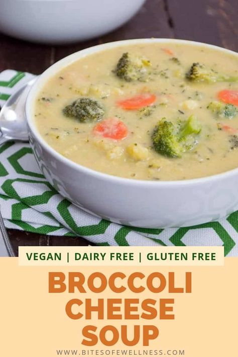 One pot, healthy vegan broccoli cheese soup is sure to make any dinner special. This broccoli cheese soup only takes 25 minutes, and is packed with added veggies, fiber and protein! #Vegan #glutenfree #dairyfree | https://bitesofwellness.com via @bitesofwellness Vegan Broccoli Cheese Soup, Healthy Broccoli Cheese Soup, Vegan Broccoli, Cream Of Broccoli, Broccoli Cheese Soup Recipes, Cheese Soup Recipes, Cream Of Broccoli Soup, Broccoli Soup Recipes, Vegan Soup Recipes