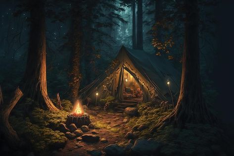 Camping at night in the forest with camp... | Premium Photo #Freepik #photo #dark-forest #forest-path #old-tree #nature-trees Camp In Forest, Camping In Forest, Tent In The Woods, Camping At Night, Forest Tent, Night In The Forest, Dark Face, Forest Camping, Camping Photo