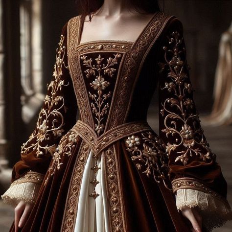 Aesthetic Midevil Outfits, Medevil Royal Dresses, Brown Gown Aesthetic, Vintage Royal Aesthetic Outfits, Royal Dresses Princesses Gowns, Royal Clothes Aesthetic, Medieval Dress Princess Royals, Royal Fantasy Dress, Brown Princess Dress