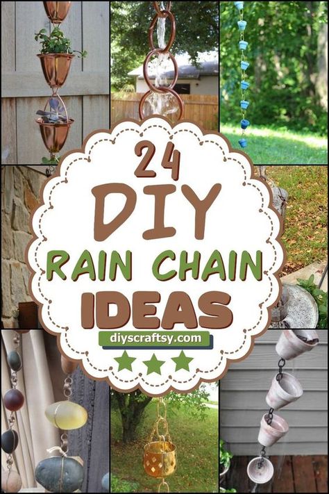 This is a list of 24 DIY Rain Chain Ideas that you can make at your home. Rain chains are really easy to DIY projects that can add a bit of style to your home. #diy #diycraft #diyrainchain #diydecor #diyrainchainideas Musical Rain Chain, Diy Rainchain Ideas, Rain Catcher Ideas, Pottery Rain Chain, Diy Outdoor Suncatcher, Diy Rain Chain Dollar Stores, Rain Chimes Diy, Watering Can Wind Chime, Rainchains Diy