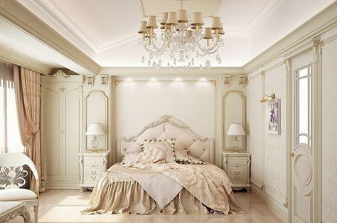 Check Out 20 Elegant French Bedroom Design Ideas. French designs are now getting more and more popular in bedroom decoration. French Bedroom Design, French Style Bedroom, French Bedroom, Vintage Bedroom, Chandelier Bedroom, Traditional Bedroom, Trendy Bedroom, Elegant Bedroom, Luxury Rooms