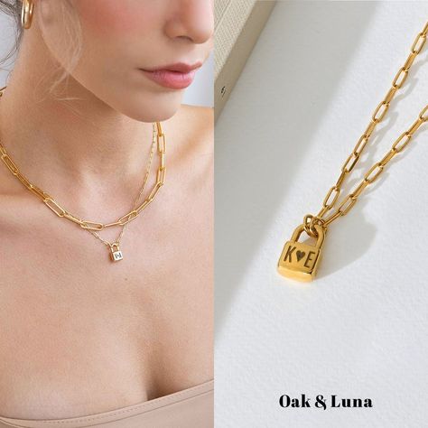 Initial Lock Gold Charm Engraved Pendant Necklace Oak & Luna | Etsy Oak And Luna, Engraving Gifts, Valentine Gifts Jewelry, Layering Jewelry, Lock Pendant, Engraved Pendant, Lock Necklace, Engraved Gifts, Valentines Jewelry