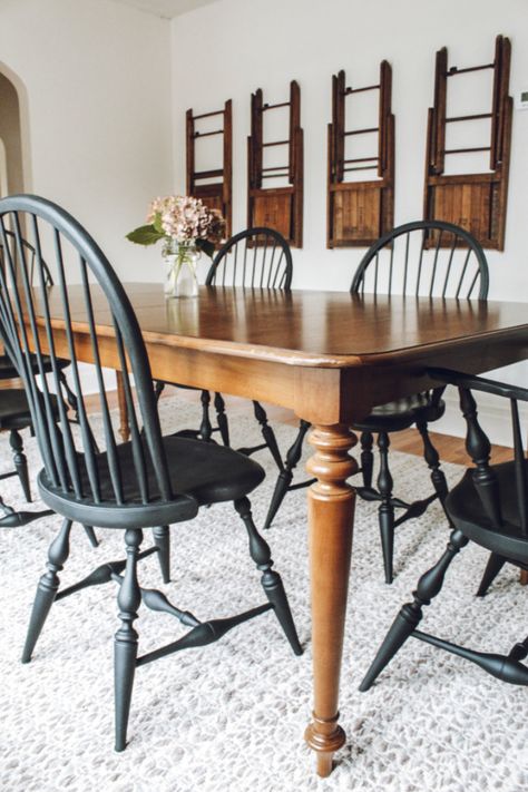 Antique Dining Table With New Chairs, Vintage Table And Chairs Makeover, Painting Oak Chairs Black, Windsor Dining Room Chairs, How To Paint Kitchen Chairs Black, Painting Dining Chairs Black, Black Chalk Paint Dining Chairs, Spray Paint Dining Chairs Black, Painting Dining Room Chairs Black