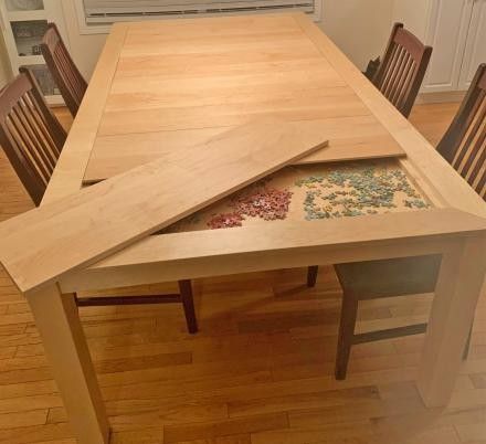 This Amazing Dining Table Has a Hidden Game/Puzzle Compartment Under The Surface Puzzle Table, Custom Dining Tables, Hidden Compartments, Secret Storage, Make A Table, Solid Wood Table, Household Furniture, Diy Table, Wooden Table