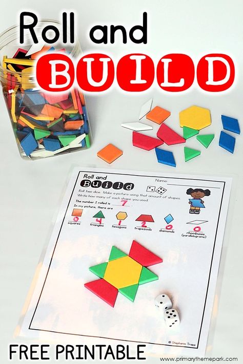 2D Shapes Activities for Kindergarten - Primary Theme Park Roll And Build, Kindergarten Shapes, Homeschooling Room, Shape Activities Kindergarten, 2d Shapes Activities, Shapes Kindergarten, Kindergarten Math Games, Math Centers Kindergarten, Activities For Kindergarten