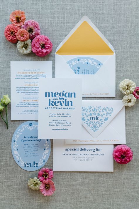 If bold, bright and colorful is your vibe, check out this custom wedding invitation suite designed for a Wisconsin summer lake wedding. Coordinating day-of details like programs, signage, menus, and place cards are also available for every suite. Inquire now at www.annahowedesign.com/get-started/ Summer Lake Wedding, Bright Wedding Invitations, Wisconsin Summer, Bold Wedding Invitations, Wedding Flatlay, Custom Wedding Stationery, Wedding 2025, Bright Wedding, Vibe Check