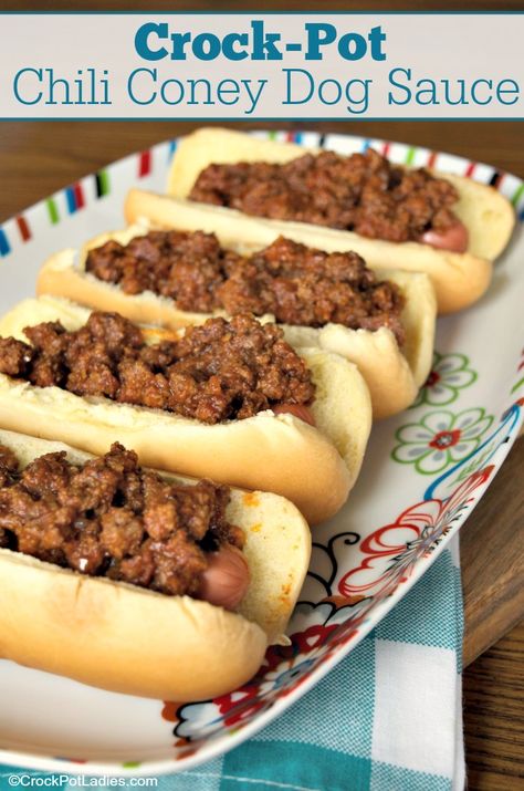 Crock-Pot Chili Coney Dog Sauce - Spice up your hot dogs with this delicious recipe for Crock-Pot Chili Coney Dog Sauce. A mild ground beef based chili that is slow cooked to perfection! [Gluten Free, Low Calorie, Low Carb, Low Fat, Low Sodium, Low Sugar & Weight Watchers Friendly] #CrockPotLadies #CrockPot #SlowCooker #WeightWatchers Chili Hotdogs, Chili Dog Recipe, Coney Dog Sauce, Chili Dog Chili Recipe, Low Calorie Low Carb, Hot Dog Sauce, Coney Dog, Low Carb Low Fat, Chili Dog