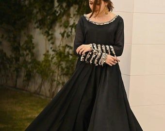 Anarkali suit | Etsy IN Black Pakistani Dress, Chanderi Anarkali, Tailor Design, Black Frock, Long Frock Designs, Beautiful Black Dresses, Frock Fashion, Pakistani Dresses Casual, Pakistani Fashion Party Wear