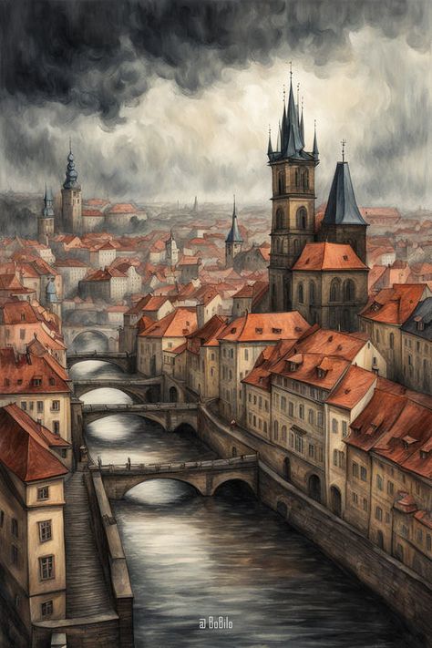 Enter the Realm of Fantasy: Mysterious Landscapes Inspired by World Megacities. Prague Fantasy River City, Eerie Paintings, Fantasy River, Imaginary City, River City, Bustling City, Follow My Instagram, Urban Fantasy, The Darkness