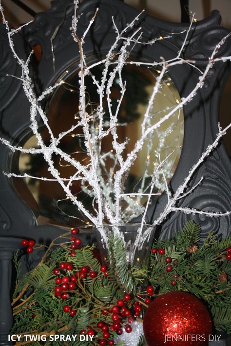 Icy Branches Diy, Christmas Tree With Twigs, Stick Trees Christmas Branches, Painted Branches Decor, Christmas Sticks Decorations, Diy Christmas Branches, White Twigs Christmas Decor, Diy Winter Trees, Diy Twig Christmas Tree