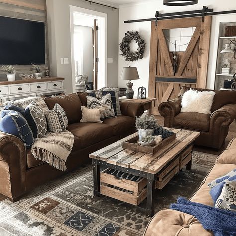 Warm Brown Rustic Living Room with Navy Accents [Room Concept] Navy Brown And Cream Living Room, Blue Gray Brown Living Room Decorating Ideas, Western Living Room Brown Couch, Navy And Brown Living Room Ideas, Rustic Blue Living Room Farmhouse Style, Brown Couch Farmhouse Living Room, Family Room Brown Couch, Navy Farmhouse Living Room, Cognac And Blue Living Room