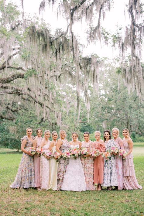 Florida bridesmaids in mismatched floral ruffled bridesmaid dresses #floridabridesmaids #floralbridesmaids #ruffledbridesmaiddresses #bridesmaiddresses #mismatchedbridesmaids Summer Floral Bridesmaid Dresses, Easter Bridesmaids Dresses, Different Floral Bridesmaid Dresses, Bridesmaid Pattern Dresses, Spring Floral Bridesmaid Dresses, Floral Dresses Bridesmaid, Mix And Match Bridesmaid Dresses Spring, Floral Dress Bridesmaid, Maid Of Honor Floral Dress