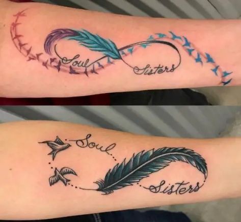 Expressive Tattoos, Tattoo With Heart, Sister Tattoo Infinity, Soul Sister Tattoos, Cute Best Friend Tattoos, Feather Tattoo Meaning, Matching Friend Tattoos, Cute Matching Tattoos, Tattoo Placements