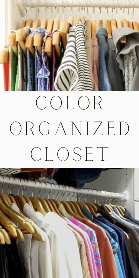 Struggling with a cluttered closet? Unlock the secret to a picture-perfect wardrobe with our easy color organized closet system and chart guide. Master the art of closet organization by arranging your clothes by color or style. This simple, yet effective method will transform your daily dressing routine, aiding you to quickly find what you need. Redefine your closet reality today! Easy step by step instructions on how to organize clothes by color in the closet. Clothes By Color Organize, How To Arrange Clothes In Wardrobe, Closet Organization Ideas By Color, Organize Clothes By Color, Color Organized Closet, Color Organization Closet, Organize Clothes In Closet, Color Coded Closet, Clothes In Closet