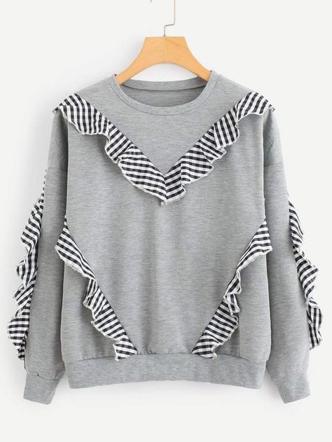 Shein Ruffle Decoration Sweatshirt Blue Striped Blouse, Asymmetrical Shirt, Pullover Women, Streetwear Tops, Grey Plaid, Long Sleeve Plaid, Striped Blouse, Casual Sweatshirt, Long Sleeve Casual