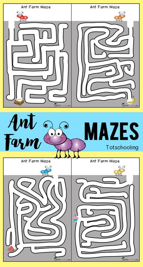 FREE printable ant farm mazes for preschoolers to practice pre-writing and fine motor skills. Great activity for a bug theme or Spring/Summer learning. Preschool Ant, Ants Activities, Ant Crafts, Bug Activities, Insects Preschool, Bugs Preschool, Insect Activities, Ant Farm, Insect Crafts