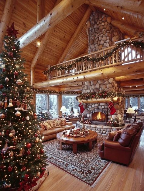 Log Cabin Ideas | Amazing 😍 | Facebook Log House Christmas Decorating, Log Cabin Home Decor, Beautiful Log Cabins, Christmas Decor Ideas Cabin, Christmas Cabin Interior, Luxury Log Cabin Interior, Christmas House Aesthetic, Log Cabin Houses, Log Cabin Christmas Decor