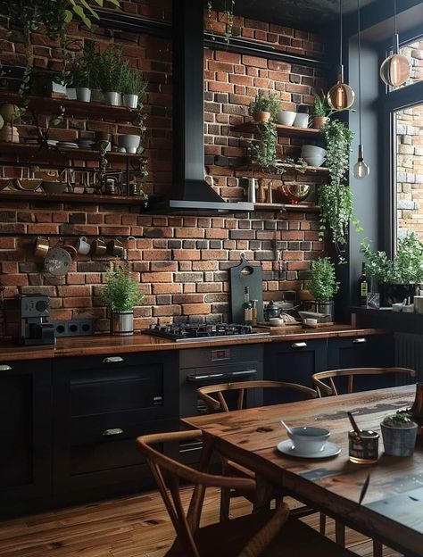 Kitchen With Exposed Brick, Exposed Brick Kitchen, Kitchen With Dark Cabinets, Brick Backsplash Kitchen, Log Home Interiors, Industrial Style Kitchen, Brick Kitchen, Inside Decor, Future Home