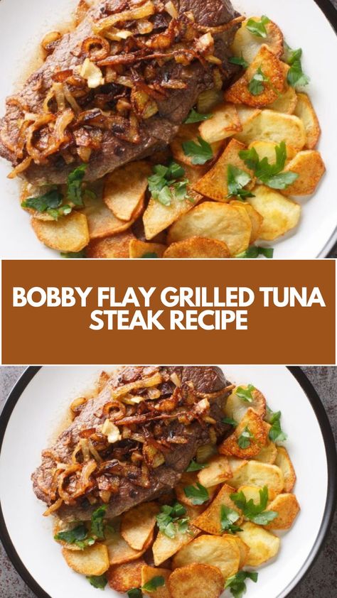 Bobby Flay’s Grilled Tuna Steak is made with tuna steaks, onions, olive oil, sugar, cinnamon sticks, red pepper flakes, red wine vinegar, fresh mint, fresh parsley, and canola oil. This delicious grilled tuna steak recipe creates a flavorful dinner that takes about 45 minutes to prepare and can serve up to 4 people. Grilled Tuna Steak, Tuna Steak Recipe, Grilled Tuna Steaks, Tuna Steak Recipes, Bobby Flay Recipes, Grilled Tuna, Tuna Steak, Flavorful Dinner, Tuna Steaks