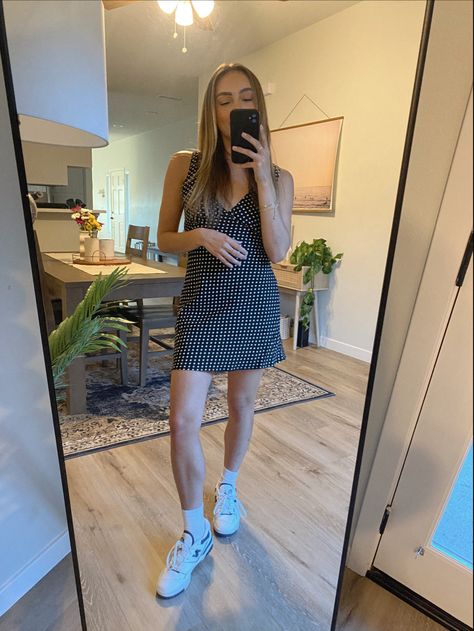 Princess Polly Polka dot dress New Balance 550s #summerstyle #sneakerstyle #easyoutfit #tinytan New Balance 550 Dress Outfit, New Balance 550 With Dress, 550 New Balance, Spring Europe, New Balance 550s, Summer Evening Outfit, Evening Outfit, Evening Outfits, Closet Ideas