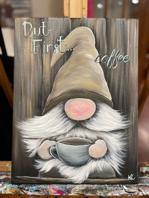 Coffee Gnome, Gnome Paint, Gnome Pictures, The Rake, Canvas Painting Diy, Gnomes Crafts, First Coffee, Flat Brush, Rock Painting Art