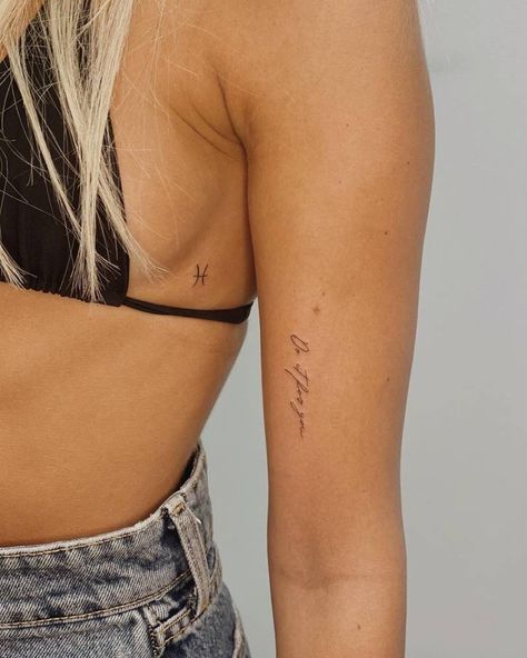 Bad Word Tattoos, Zodiac Tattoos Placement, Single Needle Letter Tattoo, Word Tattoos On Ribs For Women, Dainty Inspirational Tattoos, Fine Line Pices Tattoo, Minimal Tattoo Location, Love Yourself Quotes Tattoos, Minimalist Floral Tattoo Design